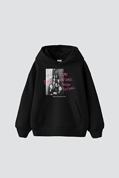 Bak Moda Hanorac oversize unisex negru cu imprimeu vintage Shh Know Nothing