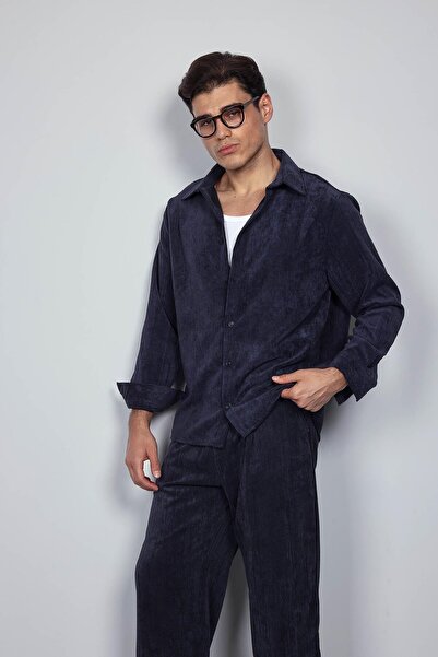 ablukaonline Men's Oversize Velvet Textured Long Sleeve Shirt Navy Blue