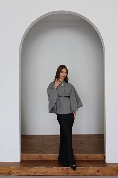 MODA Gold Button Detailed Belted Cashmere Women's Poncho Black Gold Belt