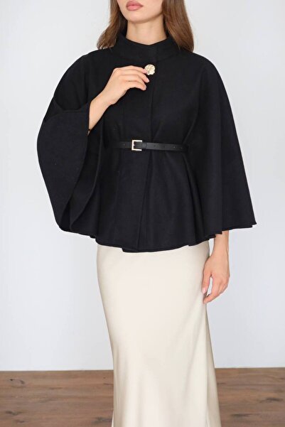 MODA Gold Button Detailed Belted Cashmere Poncho Black Gold Belt
