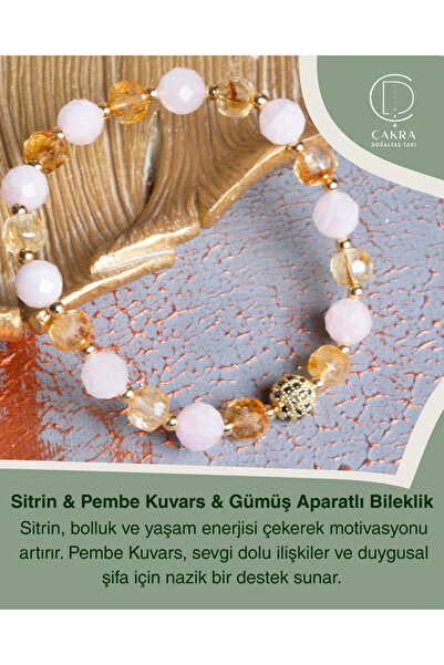 ÇAKRA DOĞAL TAŞ Sitrin & Pembe Kuvars & Gümüş Aparatlı Bileklik