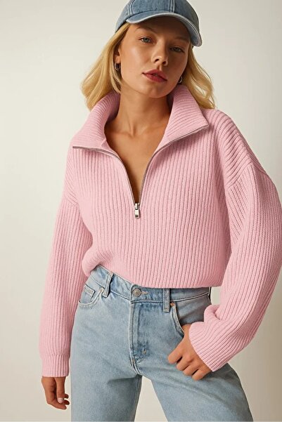 DEMİRBEY TEKSTİL Kadın Oversize Fermuarlı Crop Triko Kazak