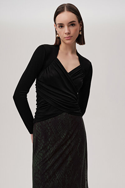 Exquise Double Breasted Collar Draped Long Sleeve Slim Fit Knitted Black Blouse