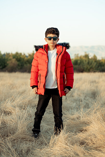 FREE ARSLAN COLLECTİON Black Inflatable Detachable Hooded Plush Fur Lined Children's Coat