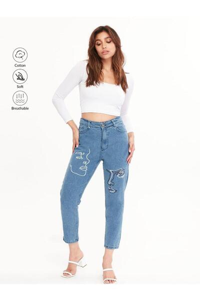 SHEVEGA Women's Blue Denim Pants with Face Embroidery on the Legs