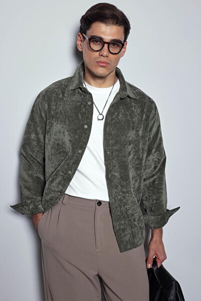 ablukaonline Ανδρικό μακρυμάνικο πουκάμισο με βελούδινη υφή χακί πράσινο