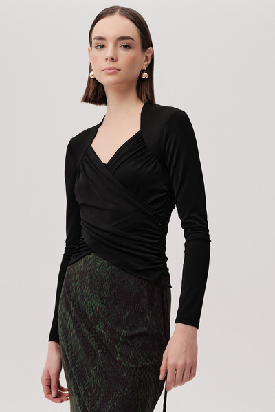 Exquise Double Breasted Collar Draped Long Sleeve Slim Fit Knitted Black Blouse