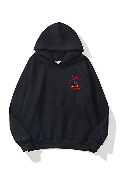MODAGEN Unisex Black Left Chest Cherry Printed Hooded Oversize Sweatshirt
