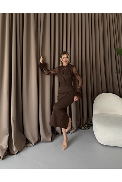 1Moda1Tarz Γυναικείο φόρεμα ειδικού σχεδιασμού από εισαγόμενο ύφασμα με λεπτομέρεια σιφόν στο στήθος και στα μανίκια, με ορθογώνια γραμμή, με ζώνη και επένδυση, με κολιέ