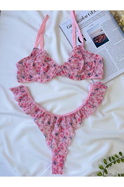 BLUE AVCI LINGERIE Çiçek Desenli Balenli Tül Sütyen Tanga Takımı