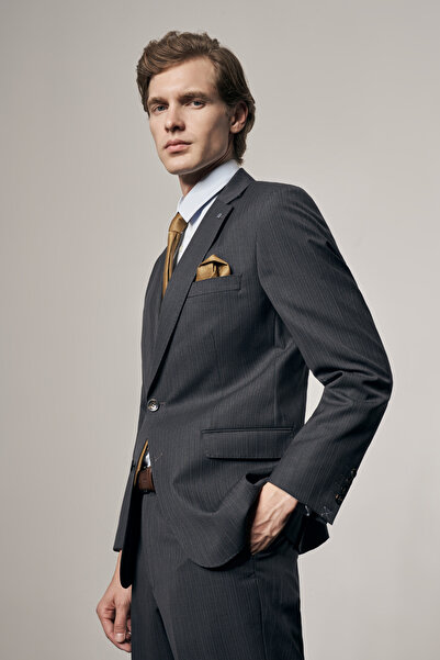 İmza بدلة كلاسيكية من الصوف بنمط ياقة أحادية اللون من أنثراسايت 6 دروب كومفور...