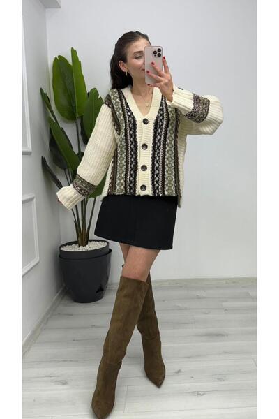 TUNAM BUTİK 5057 Ethnic Patterned Knitted Cardigan Ecru