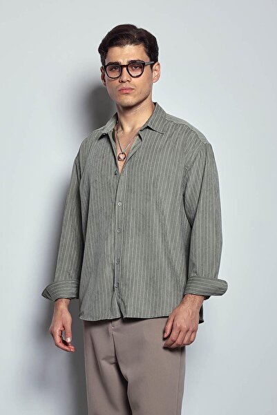 ablukaonline Ανδρικό μακρυμάνικο πουκάμισο με ρίγες χακί πράσινο