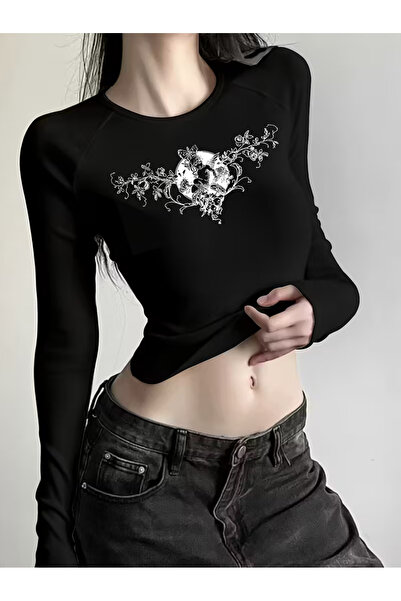 Touz Moda Μακρυμάνικη γοτθική μπλούζα με στάμπα στην πλάτη