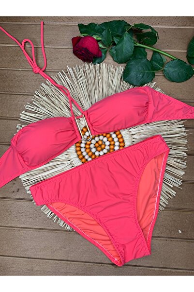 VAJESTO Women's Pink Lycra Stretchy Drawstring Halter Neck Strapless Stylish Quality Accessory Detail Bikini Set