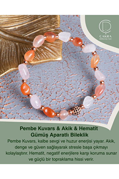 ÇAKRA DOĞAL TAŞ Pembe Kuvars & Akik & Hematit Gümüş Aparatlı Bileklik