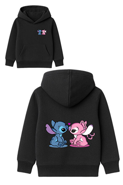 MECH BUTİK سترة بقلنسوة مطبوعة بتصميم ستيتش مع جيب كنغر أسود