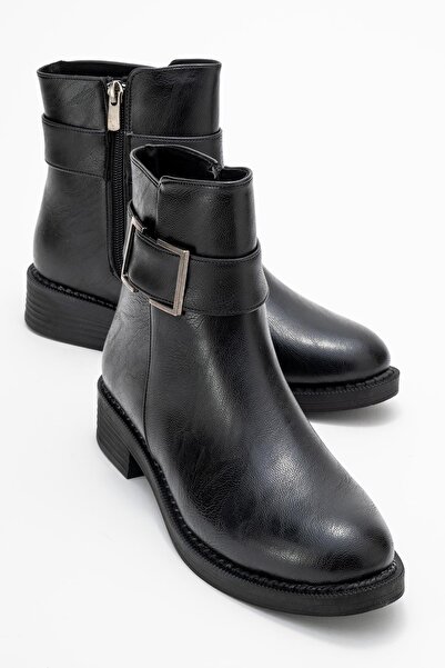 CCWAY AYAKKABI Cizme de damă cu cataramă pătrată PIELE NEGRĂ