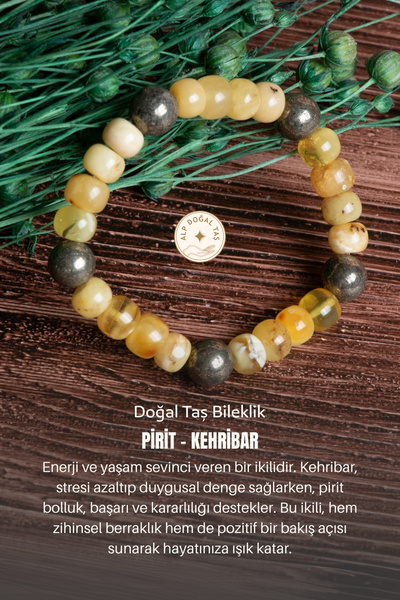 Alp Doğal Taş Sertifikalı Pirit Kehribar Doğal Taş Bileklik