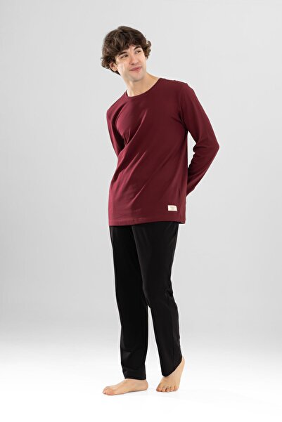 BAYKAR Men's Cotton Crew Neck Printed Long Sleeve Pajama Set 9802 Claret Red