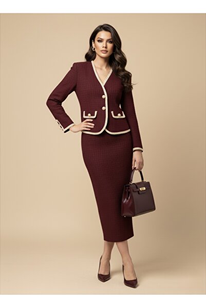 1Moda1Tarz Women's Imported Tweed Fabric Button Detailed Lined Jacket Skirt Special Design Top and Bottom Set