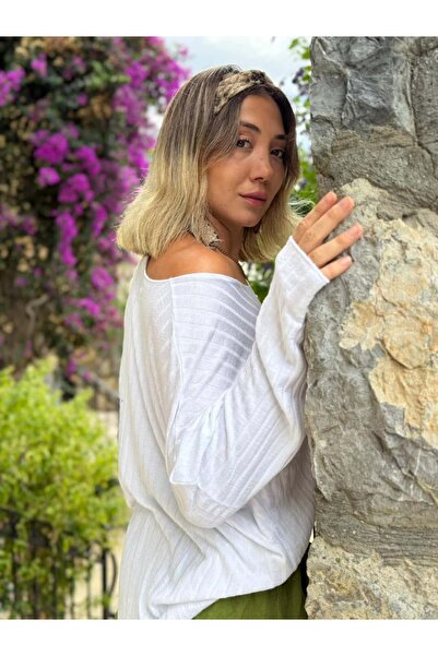 Punta Otantik LS5510 Ιταλική πλεκτή μπλούζα με λαιμόκοψη σε σχήμα V Λευκή