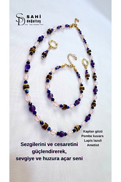 SAHİ_DOĞALTAŞ Kaplan gözü,Ametist,Pembe kuvars,Lapis lazuli doğaltaş kolye bi...