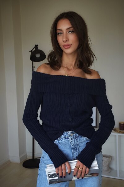 Qu Style Kadın Gri Omuzları Açık Düğmeli Triko Kazak Hırka