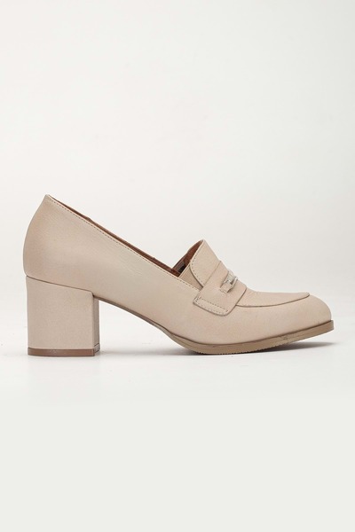 ANALİN SHOES Women's Genuine Leather Buckle Stylish Heeled Shoes - Beige