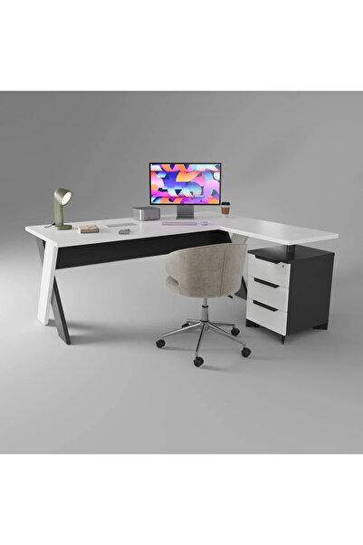 Çağın Ofis Mobilyaları Omix 180 cm Yüksek Kesonlu Çalışma Ofis Masa (Lake Beyaz/antrasit)