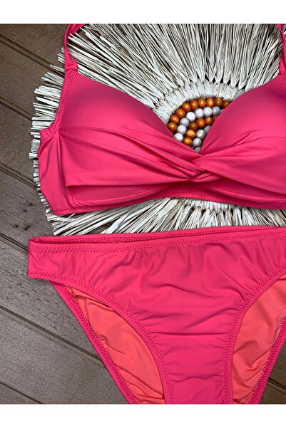VAJESTO Kadın Pembe Likralı Esnek Boyundan Bağlama İpli Şık Kaliteli Hafif Dolgulu Bikini Takım