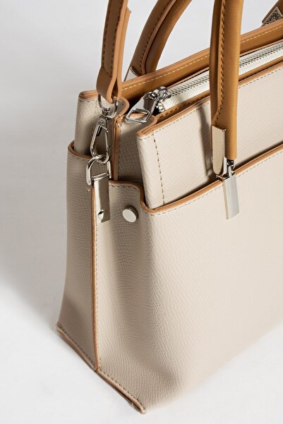 Just Polo 5 Compartment Plain Leather Medium Size Women's Shoulder Bag 5026 Cream Color