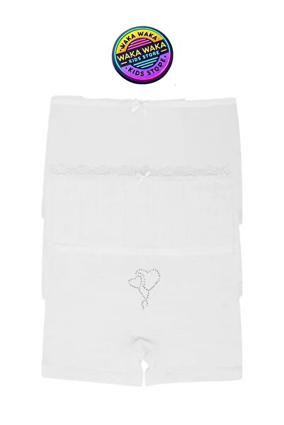 ww waka waka kids store Girl's 3-Piece White Boxer Set – Comfortable Underwear with Lace and Stone Detailing