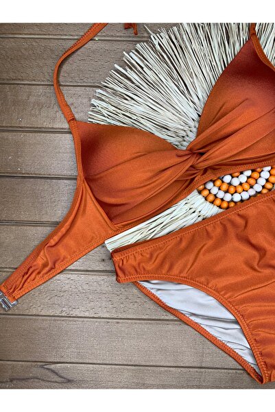 VAJESTO Kadın Kremit Likralı Esnek Boyundan Bağlama İpli Şık Kaliteli Hafif Dolgulu Bikini Takım