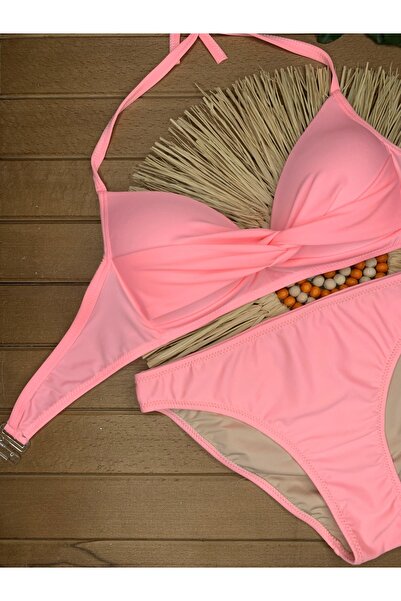 VAJESTO Kadın Toz Pembe Likralı Esnek Boyundan Bağlama İpli Şık Kaliteli Hafif Dolgulu Bikini Takım