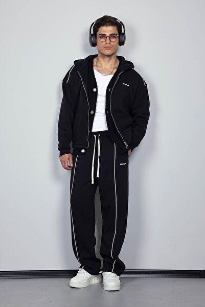 ablukaonline Мъжки комплект спортен екип с качулка и цип, голям размер, черен