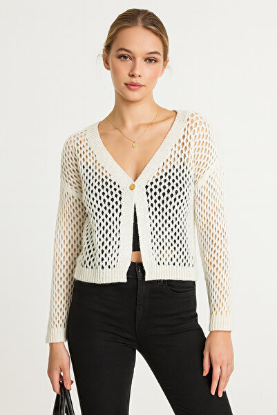 Minora bumbac 100% Cardigan pentru femei tricotaj cu aspect dantelat Bone