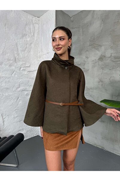 Elif Özbey Butik Πόντσο με ζώνη από χακί σουέντ