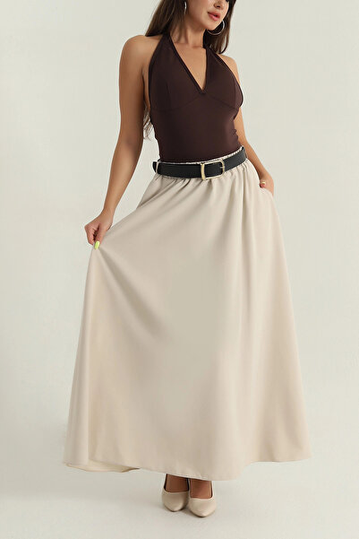 VıoShıne Kadın Kemerli Beli Lastikli Cepli Liza Kumaş Etek