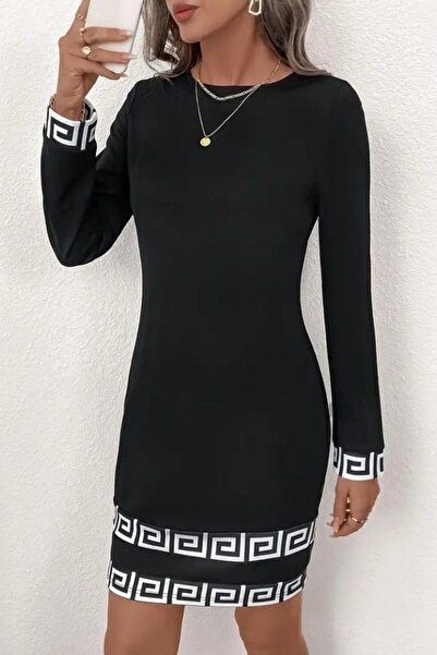 Mossta Crew Neck Mini Imported Crepe Dress - Black