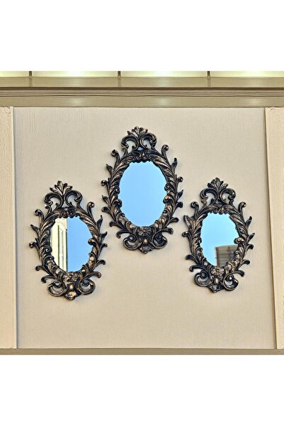 Peramari Dekoratif Polyester Üçlü Antik Ayna Takımı Gold Siyah Eskitme