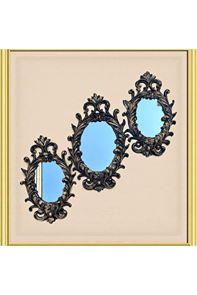 Peramari Dekoratif Polyester Üçlü Antik Ayna Takımı Gold Siyah Eskitme