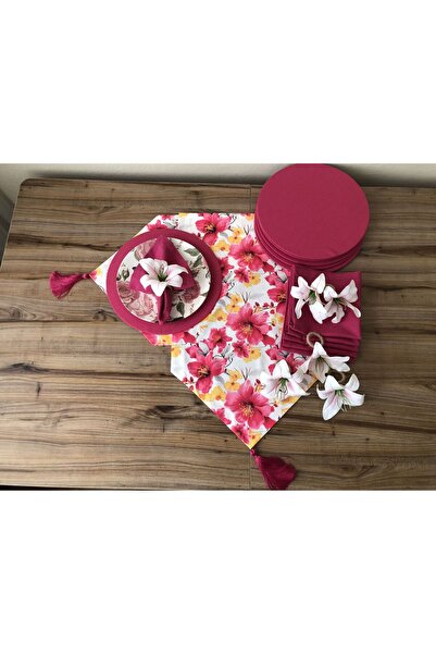 trendyuvamev tekstilürünleri SOFRA SUNUM SETİ FUŞYA SARI BÜYÜK ÇİÇEK DESENLİ ...