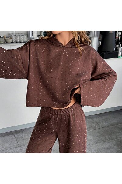 MONAMORE Brown Hooded 2 Thread Thin Stone Tracksuit Set