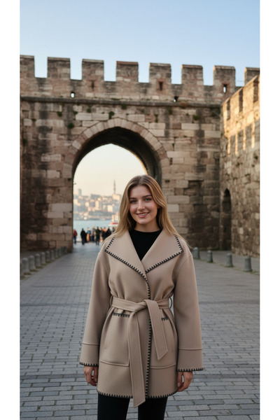 STYLENEST Women's Long Sleeve Double Breasted Shawl Collar Belted Coat with Pockets