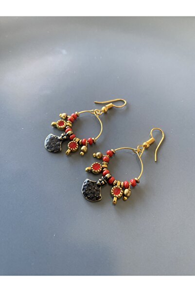 dela otantik Bohem Kırmızı Boncuklu Sallantılı Küpe – El Yapımı Etnik Otantik Tribal Bijuteri Takı