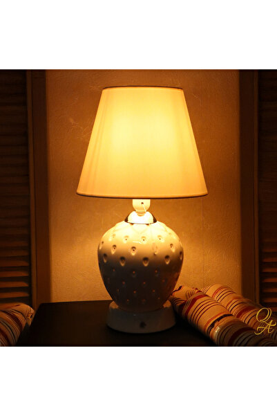 Qtahya Art Abajur-Şeffaf Porselen-Krem Gövde-Çilek Abajur-Kumaş Şapka-Dokunma...