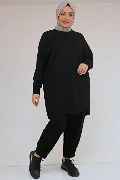 Eslina 47093 Σετ Modal με φούστα μεγάλου μεγέθους και παντελόνι με λεπτομέρεια - Μαύρο