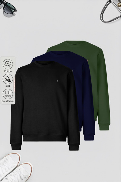 COMBİNE MİCHAİL Men's Basic Crew Neck Loose 3-Piece Sweatshirt