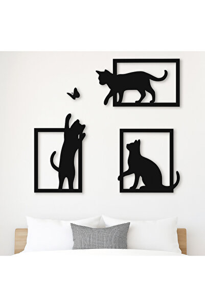 Goldesing 3'lü Set Siyah Dekoratif Kedi ve Kelebek Duvar Tablosu Ev Hediyesi Duvar Süsü